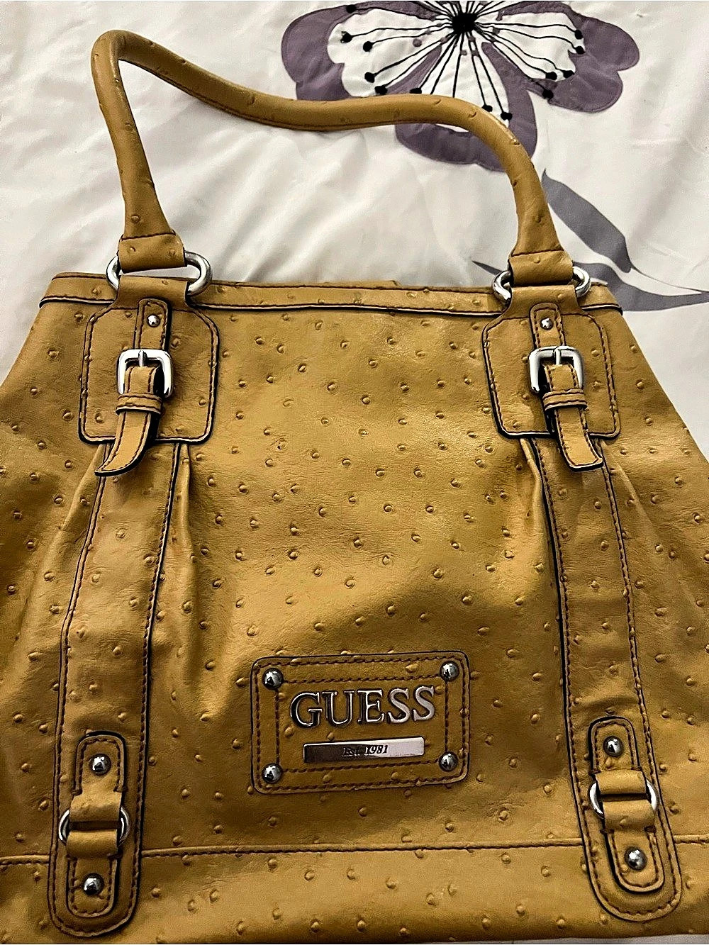 GUESS Ostrich Leather Shoulder Bag in Camel